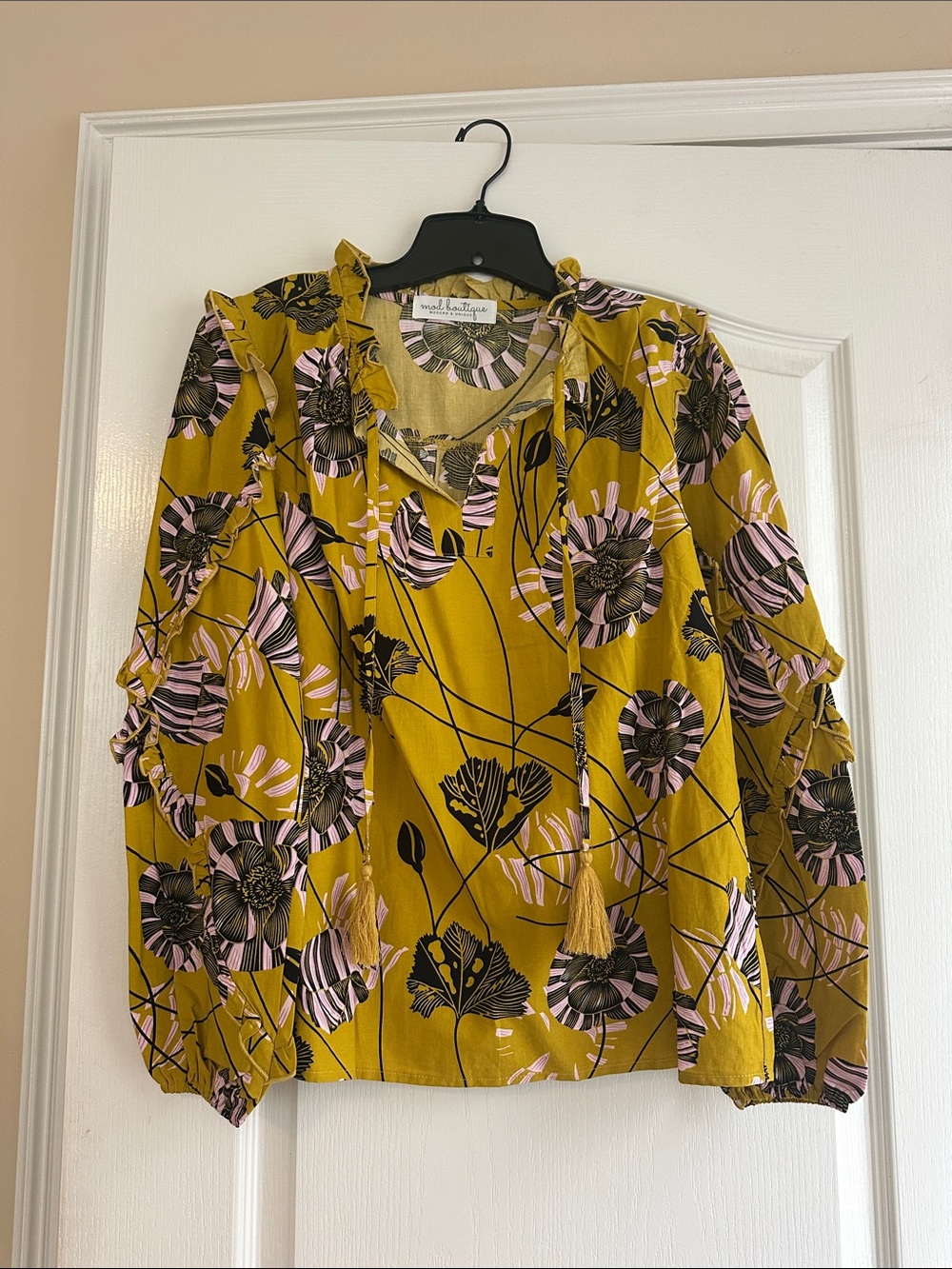 Love Tree Mustard Floral Tie-Neck Blouse with Ruffle Shoulders